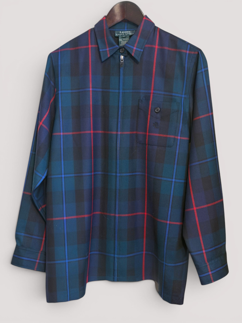Y2K Lauren Ralph Lauren Womens M Green Plaid Wool Zip Shirt Jacket Shacket LRL